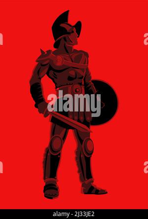 Einfache flache Vektordarstellung eines Gladiators, der mit Schwert und Schild steht Stock Vektor