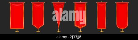 Rote Wimpel Fahnen verschiedene Formen auf Gold Säule. Vektor realistische Vorlage von leeren Textilpennons auf goldenem Stock für Sportmannschaften, Varsity oder Heral Stock Vektor