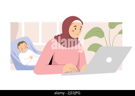 Muslimische freiberufliche Mutter, die im Heimbüro mit einem Laptop arbeitet, während ihr Baby schläft, ein kleines Unternehmen oder ein freiberufliches Konzept, Vektorkunst Stock Vektor