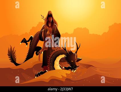 Vektordarstellung von Guanyin Guanyin steht auf einem Drachen und ist eine chinesische Göttin der Barmherzigkeit, Barmherzigkeit und Freundlichkeit, die als Mutter gilt Stock Vektor