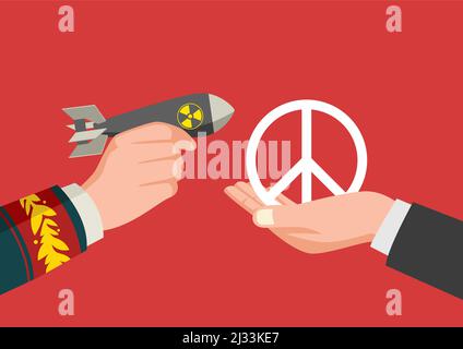 Abbildung einer Männerhand in Militäruniform, die eine Atombombe und eine Hand mit einem Friedenssymbol, Opfergabe, Krieg und Friedenssymbol hält Stock Vektor