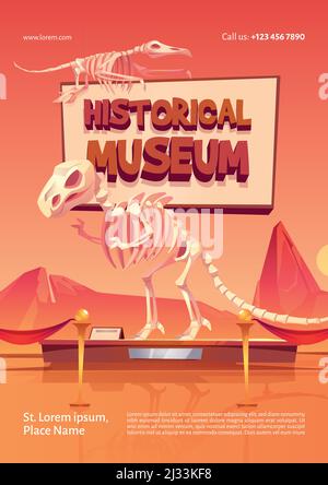 Plakat des historischen Museums mit Dinosaurierskeletten. Vektor-Cartoon-Illustration von prähistorischen Exponaten, fossilen ausgestorbenen Tieren und Archäologie Funde Stock Vektor