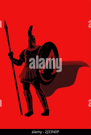 Einfache flache Vektor-Illustration von spartanischen Kriegern mit Helm und rotem Umhang, Leonidas Fantasy-Illustration Stock Vektor