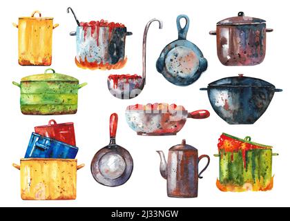 Töpfe und Pfannen in Aquarellfarben. Set mit alten Küchenutensilien. Stockfoto