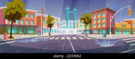 Regen auf Stadtstraße mit Häusern, Straße mit Fußgängerüberweg und Ampeln. Vektor-Cartoon regnerischen Stadtbild, Stadtlandschaft mit Wohn b Stock Vektor
