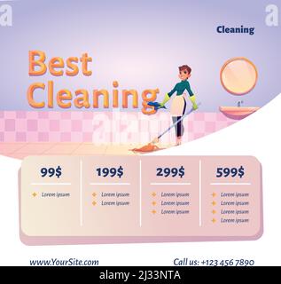 Beste Reinigung Service-Website mit Karikatur Illustration der Frau Reiniger mit Besen im Bad und Preistabelle. Vector Poster von professionellen Cleanin Stock Vektor