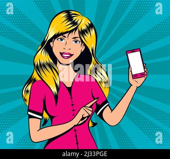 Blonde Mädchen mit Smartphone in Pop-Art Retro-Comic-Stil, Vektor-Illustration Stock Vektor