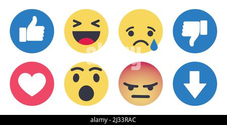 Set flacher Emoticons und Emojis für Webdesign. Isoliert. Vektorgrafik Stock Vektor
