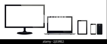 Satz schwarzer Gadgets und Computergeräte auf der Vorderseite auf weißem Hintergrund. Realistische Vektordarstellung für Grafik- und Webdesign Stock Vektor