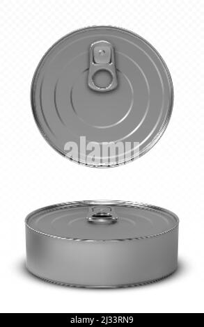 Zinn kann Fisch oder Tierfutter Mockup mit Pull Ring oben und Vorderansicht. Rundglas aus Dosen mit geschlossenem Deckel, Aluminiumkonservierbehälter auf Whi isoliert Stock Vektor