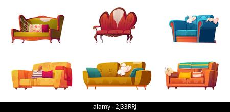 Alte schmutzige Sofas mit zerrissenen Polstern und klebenden Federn. Vector Cartoon Satz von gebrochenen Möbeln für Wohnzimmer, alte Sofas mit Kissen und Spinne Stock Vektor