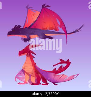 Drachen Comic-Figuren. Fantasy magische Kreaturen atmen mit Feuer, lustige Maskottchen mit Hörnern, Flügeln und gelben Augen. Märchenhafte fliegende Tiere, boo Stock Vektor