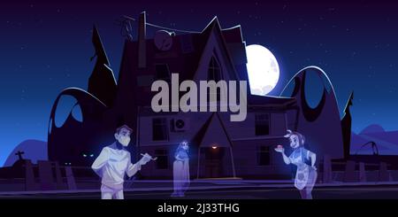 Gruseliges altes Haus mit Geistern und Friedhof in der Nacht. Vektorgrafik Cartoon-Landschaft mit gruseligen verwunschenen Herrenhaus, Gräber und Seelen von toten Mann Zahnarzt und wome Stock Vektor