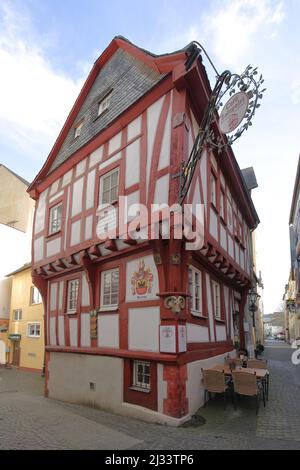 Fachwerkcafé Zeitgeist in Boppard, Rheinland-Pfalz, Deutschland Stockfoto