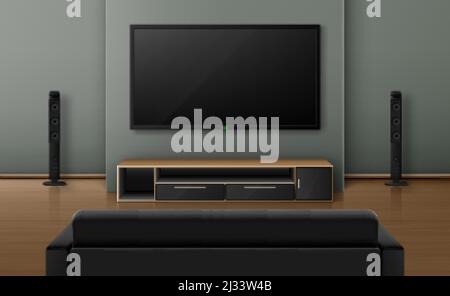 Wohnzimmer mit Sofa-Blick nach hinten und tv mit Dynamik. Heimkino-System mit Fernseher an der Wand, leeres Haus Wohnung mit Holzboden. A Stock Vektor