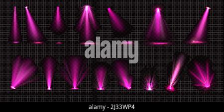 Pinke Lichtstrahlen von Strahlern und Bodenprojektoren, die auf transparentem Hintergrund isoliert sind. Vektor realistische Satz von hellen Strahlen mit Glitzer für Illuminierung Stock Vektor