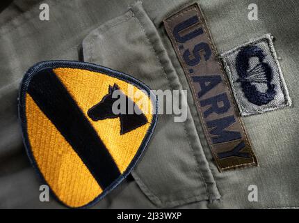 1. Cavalry Division Patch auf einer 1970s Field Jacke, U.S. Army, USA Stockfoto