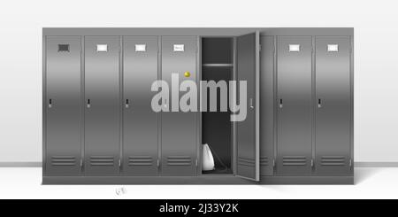 Steel lockers, vector school or gym changing room metal cabinets. Row of grey storage furniture with closed and open doors, sport bag inside and name Stock Vector