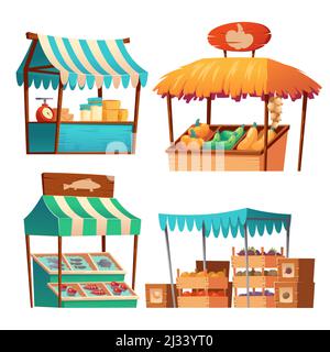 Food market stalls with vegetables, cheese and fish on counter and in crates. Vector cartoon set of grocery wooden kiosks with farm produce, tradition Stock Vector