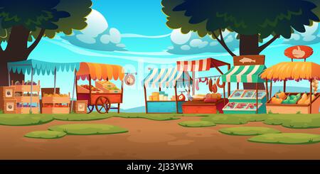 Food market stalls with fruits, vegetables, cheese, meat and fish on counter and in crates. Vector cartoon landscape with traditional marketplace tent Stock Vector