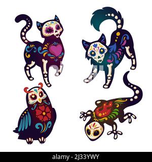 Dia de los Muertos, mexikanischer Tag der Toten mit Tierskeletten. Vektor-Cartoon-Set von schwarzer Katze, Hund, Eule und Eidechse mit bunten Muster von Knochen, s Stock Vektor