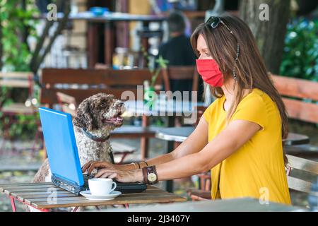 Junge Frau, die in leerem Café sitzt und Gesichtsmaske trägt Stockfoto