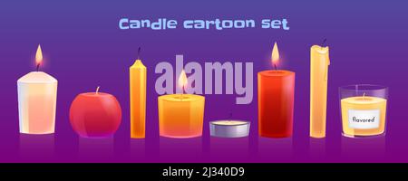 Set von Cartoon-Kerzen in verschiedenen Formen, ausgestorbene und brennende Lichter in Kerzenständer. Aromatische Elemente für Spa, Urlaub, Neujahr oder weihnachtskarte Stock Vektor