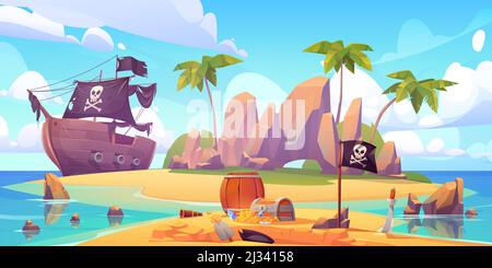 Piratengrabien Schatzkiste am Strand der Insel. Vektor-Cartoon-Illustration der Meereslandschaft mit Holzschiff mit Totenkopf auf schwarzen Segeln, unbewohnten tro Stock Vektor