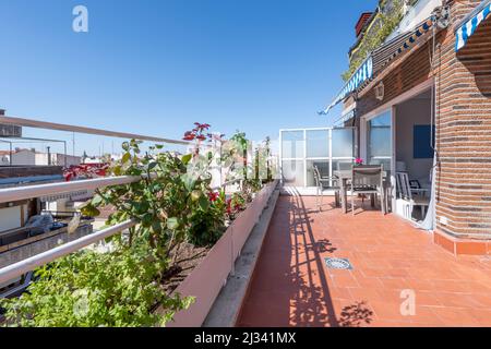 Große Terrasse in einer Penthouse-Wohnung mit vielen Blumentöpfen voller Gärten, Glaswand, grauem Metall-Esstisch und Ton Terrazzo-Böden Stockfoto