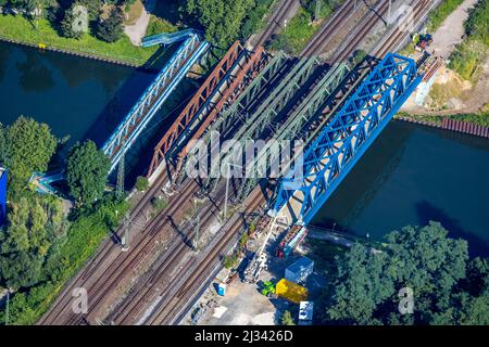 Luftaufnahme, Neubau einer Eisenbahnbrücke und Sanierung über den Rhein-Herne-Kanal in Buschhausen, Oberhausen, Ruhrgebiet, Nordrhein-Westfalen, Stockfoto
