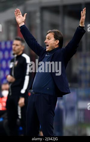 Mailand, Italien. 04. April 2022. Miroslav Tanjga reagiert während des Fußballspiels der Serie A zwischen dem AC Mailand und dem FC Bologna. Kredit: Nicolò Campo/Alamy Live Nachrichten Stockfoto