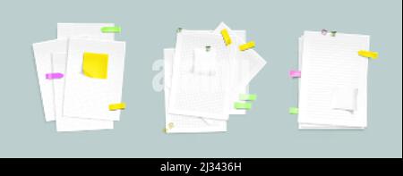 Papierstapel mit Haftnotizen und Clips. Vektor-realistisches Modell von Notizbuchseiten mit Linien-, Punkte- und quadratischem Raster, farbiges Memo-stic Stock Vektor