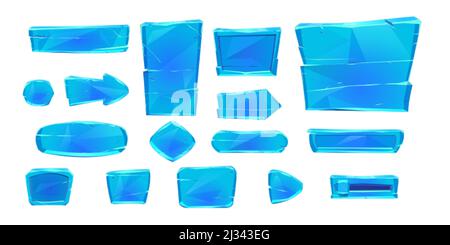 Ice-Spiel-Tasten, Cartoon-Menü-Schnittstelle von vereisten texturierten Blöcken, ui gui Grafik-Design-Elemente. Eingefrorener blauer Schieberegler, Pfeil und Tasten für das Bedienfeld i Stock Vektor
