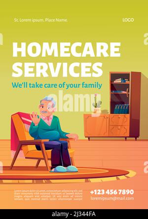 Plakat für Homecare-Dienstleistungen. Konzept der sozialen Hilfe und Pflege für alte Patienten zu Hause. Vektor-Flyer mit Cartoon-Illustration von glücklichen älteren Mann sitzend ich Stock Vektor