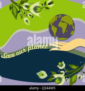 Tag Der Erde. Internationaler Tag Der Mutter Erde. Umweltprobleme und Umweltschutz. Die Natur pflegen. Hand hält die Erde. Speichern Sie die PL Stock Vektor
