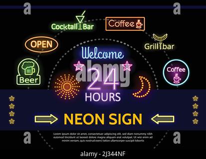 Leuchtende Werbe Neon Schilder Vorlage mit bunten Rahmen Inschriften Pfeile Sterne funkelt für Pub Cafe Cocktail Grill Bars Werbung isolieren Stock Vektor