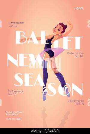 Ballett neue Saison Cartoon Poster mit Ballerina, Einladung Flyer zur Performance mit Tänzerin Mädchen in Tutu und spitzenschuhe stehen in Tanzposition. Ar Stock Vektor