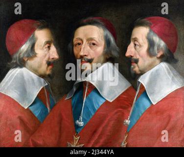 Armand Jean du Plessis, Kardinalherzog von Richelieu und von Fronsac (1585-1642), allgemein als Kardinal Richelieu bezeichnet, war ein französischer Geistlicher, Adliger und Staatsmann und Chief Minister von König Ludwig XIII. Dreifaches Porträt des Kardinals von Richelieu von Philippe de Champaigne, Öl auf Leinwand, um 1642 Stockfoto