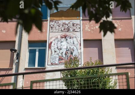 Savoia di Lucania (Potenza), Italien 21/04/2018: Wandgemälde zum Gedenken an den Anarchisten Giovanni Passannante, der 1878 einen Versuch über das Leben von König Umberto I. unternahm. © Andrea Sabbadini Stockfoto