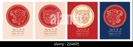 Frohes chinesisches neues Jahr 2022. Das Jahr des Tigers. Abstrakte Tiger-Illustration mit traditionellem Rahmen. Stock Vektor