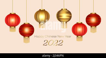 Realistische 3D Design Vektor Illustration traditionelle Laterne. Dekoration für das chinesische Neujahr 2022. Chinesisches Laternenfest. Jahr des Tigers. Stock Vektor