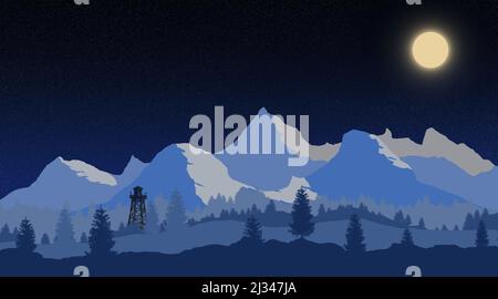 Illustration einer nächtlichen Berglandschaft durch einen Überwachungsturm. Stockfoto