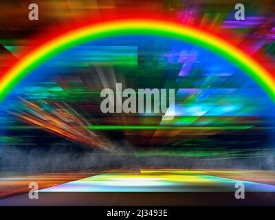 Abstrakte Sci-Fi 3D Illustration mit Regenbogen und Nebel Stockfoto