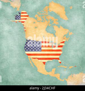 USA (amerikanische Flagge) auf der Übersichtskarte von Nordamerika. Die Karte ist im Vintage-Sommer-Stil und in sonniger Stimmung. Die Karte ist weich grunge und vintage. Stockfoto