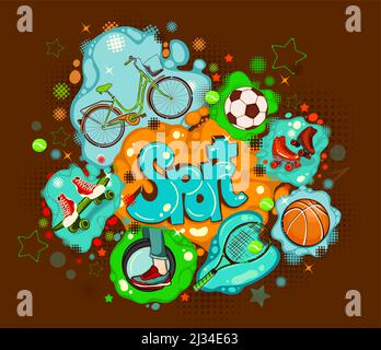 Sport Text und Sportgeräte Set. Graffiti. Vektorgrafik Stock Vektor