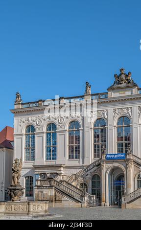 Verkehrsmuseum Dresden im Johanneum und Friedensbrunnen am Neumarkt, Sachsen, Deutschland Stockfoto