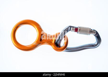 Felsklettern Sicherungsfigur acht Gerät und ein Karabiner mit Verriegelung Tor Stockfoto