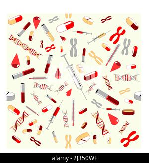 Medizinische Symbole. Nahtloses Muster. Gesundheits- und Bildungshintergrund. Werkzeuge des Arztes. vektorgrafik. Stock Vektor