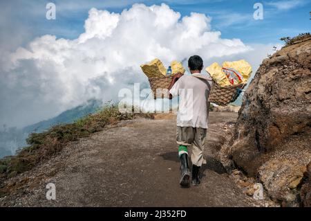 Träger, der Schwefel auf einer Spur des Ijen-Vulkans, Java Island, Indonesien trägt Stockfoto