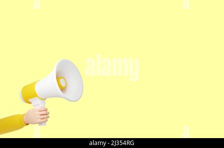 Lautsprecher - menschliche Hand mit gelbem Megaphon-Banner mit leerem Platz für Text Stockfoto
